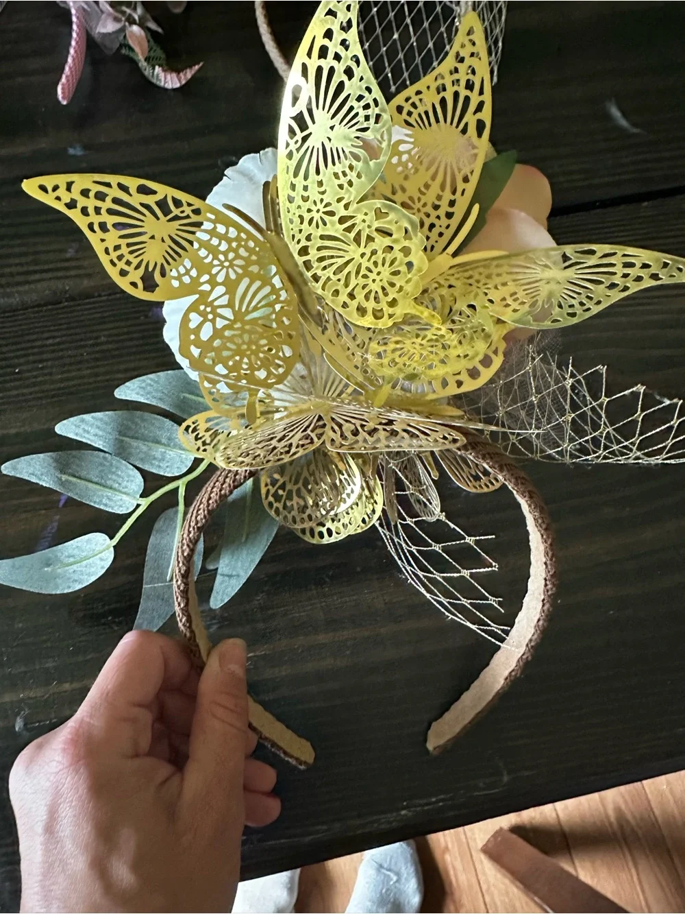 Peach and Ivory Floral Headband Fascinator with Gold Butterfly Accents